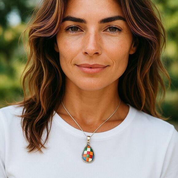 Stunning Aurora Opal Checkerboard Pendant Necklace 925 Sterling Silver Teardrop - Picture 2 of 7